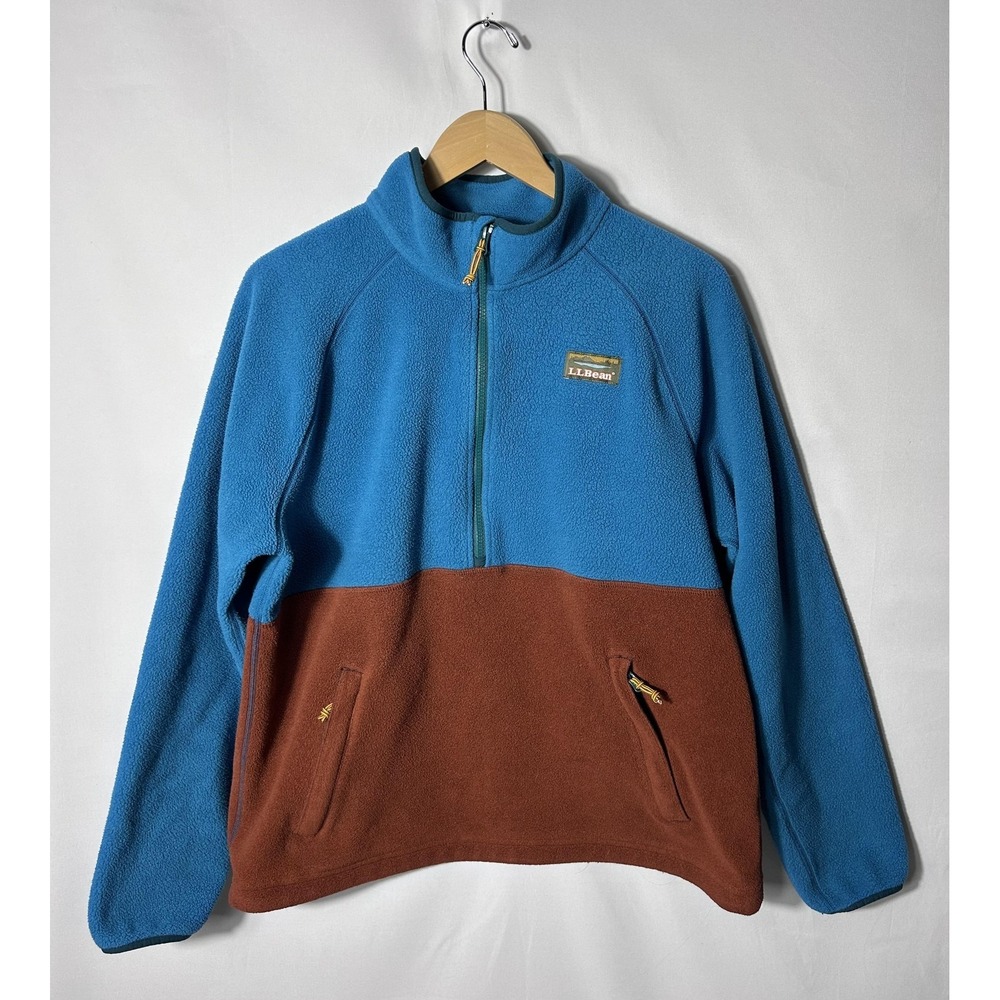 L.L. Bean Fleece Pullover Mens Large Blue Brown 1/4 Zip Colorblock Jacket